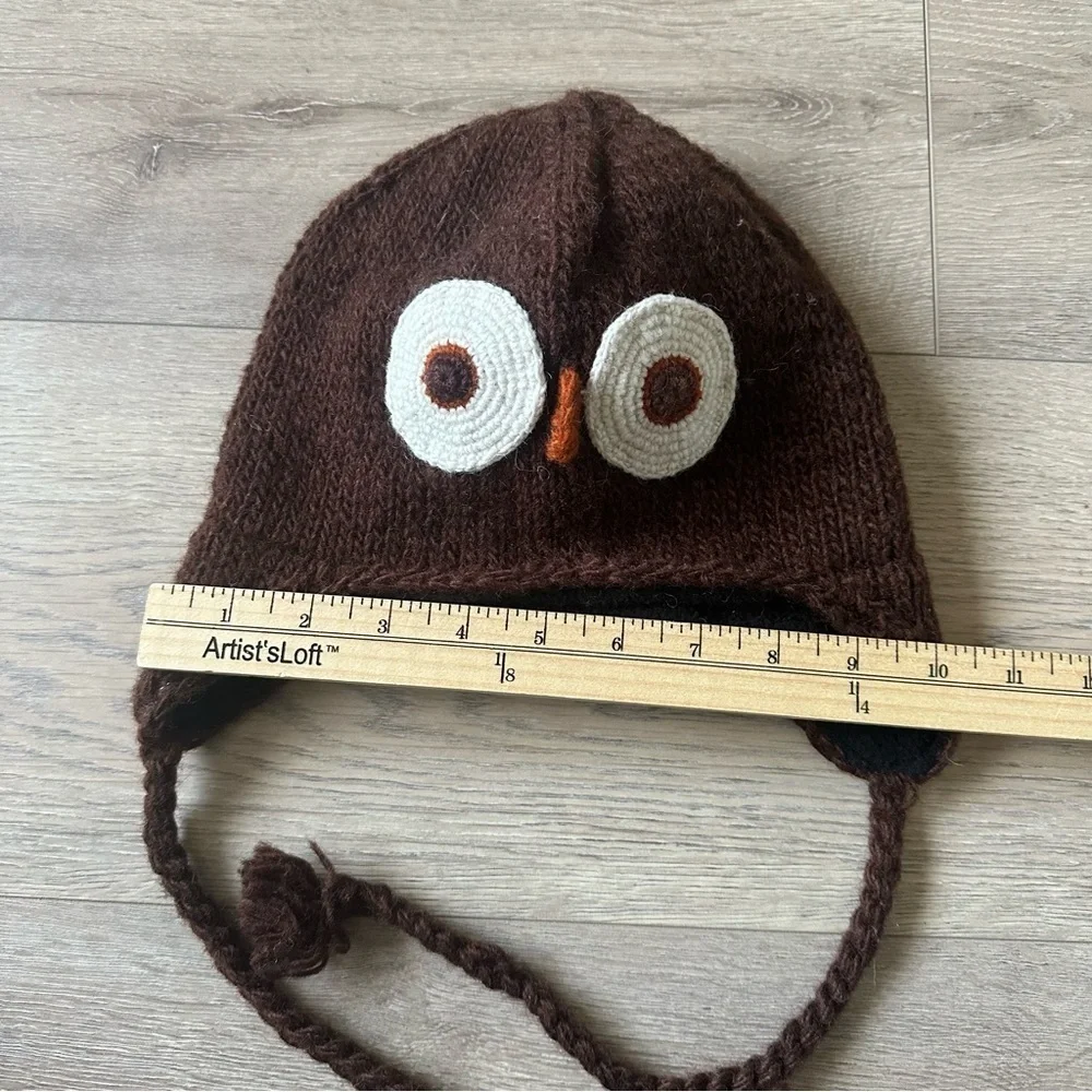 New Hand Knit 100% Wool Owl Animal Kids Hat Made In Nepal